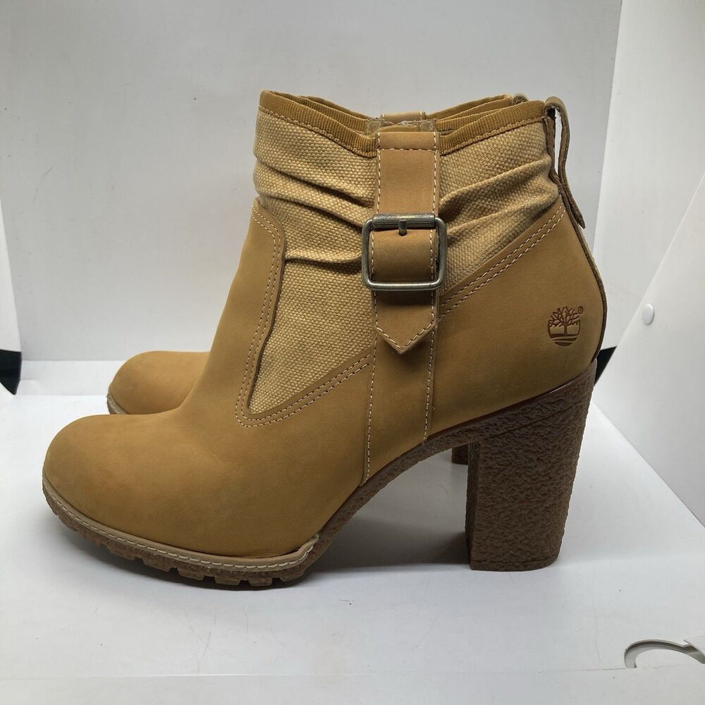 Timberland Ankle Boots Womens 11 Brown High Heel Chunky Zip Up Buckle Ortholite